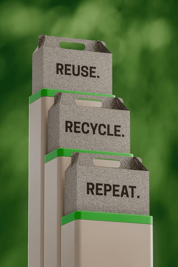Boxes labelled reuse, recycle and repeat against a green background