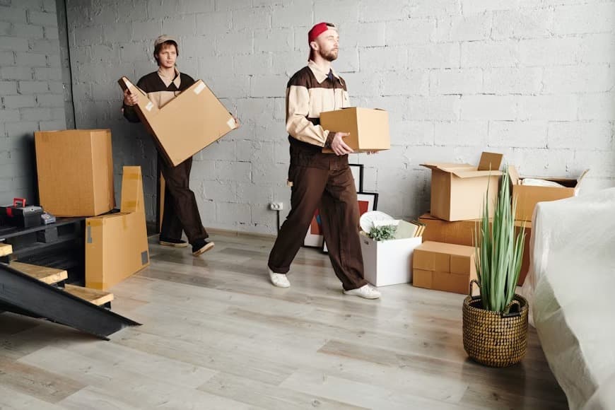 Movers carrying boxes and furniture out of a house into a removal van